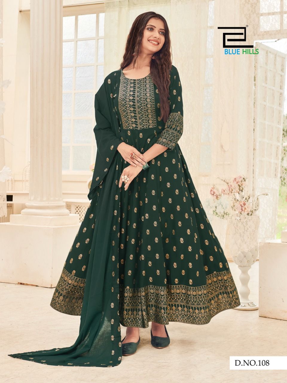 Dark Green Plus Size Rayon Gold Printed Anarkali with Dupatta