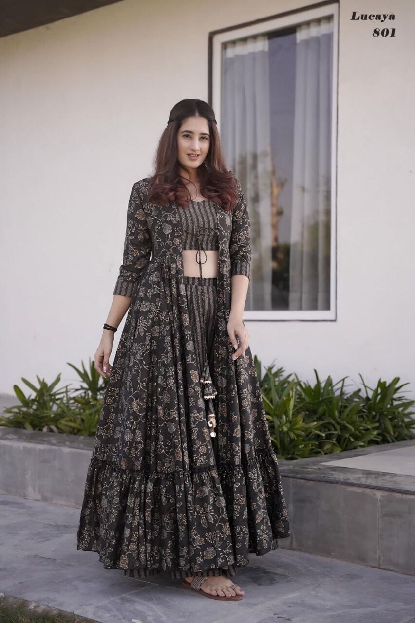 Lucaya 801 Fancy Wear Koti Style Indo Western Suit of Printed Crop Top Shopin Di Apparels