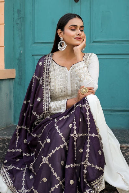 AD157 Purple Pure Chinnon Silk Sequence Work Fancy Anarkali Gown with Dupatta Gown with Dupatta Shopin Di Apparels 