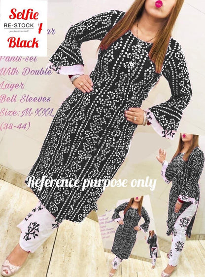 Black Bandhej Printed Bell Sleeve Kurti with Plazzo set Kurti with plazzo Shopin Di Apparels 