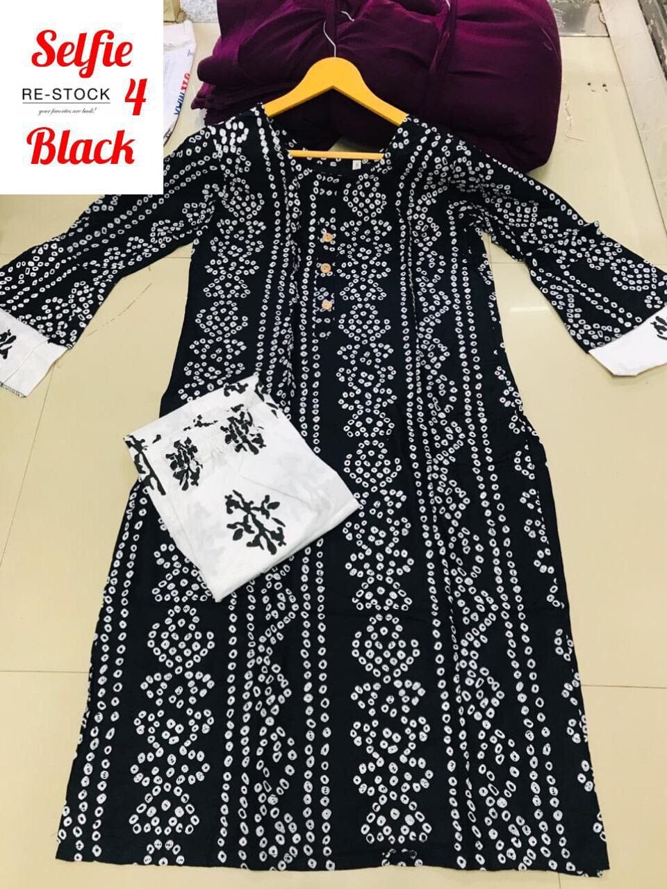 Black Bandhej Printed Bell Sleeve Kurti with Plazzo set Kurti with plazzo Shopin Di Apparels 