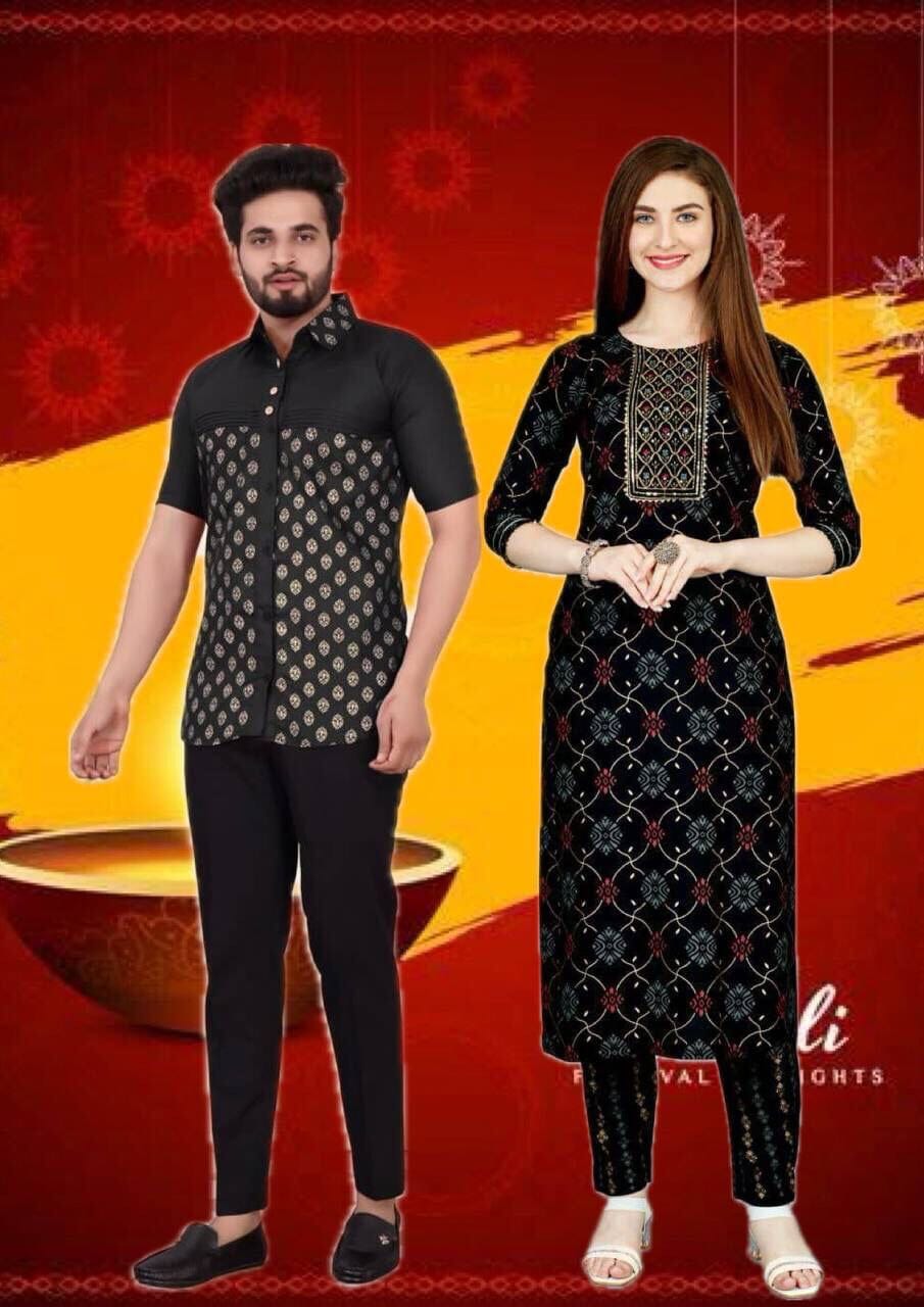 Black Cotton Foil Printed Kurti & Pant Set with Men Shirt Combo Combo Shopin Di Apparels 