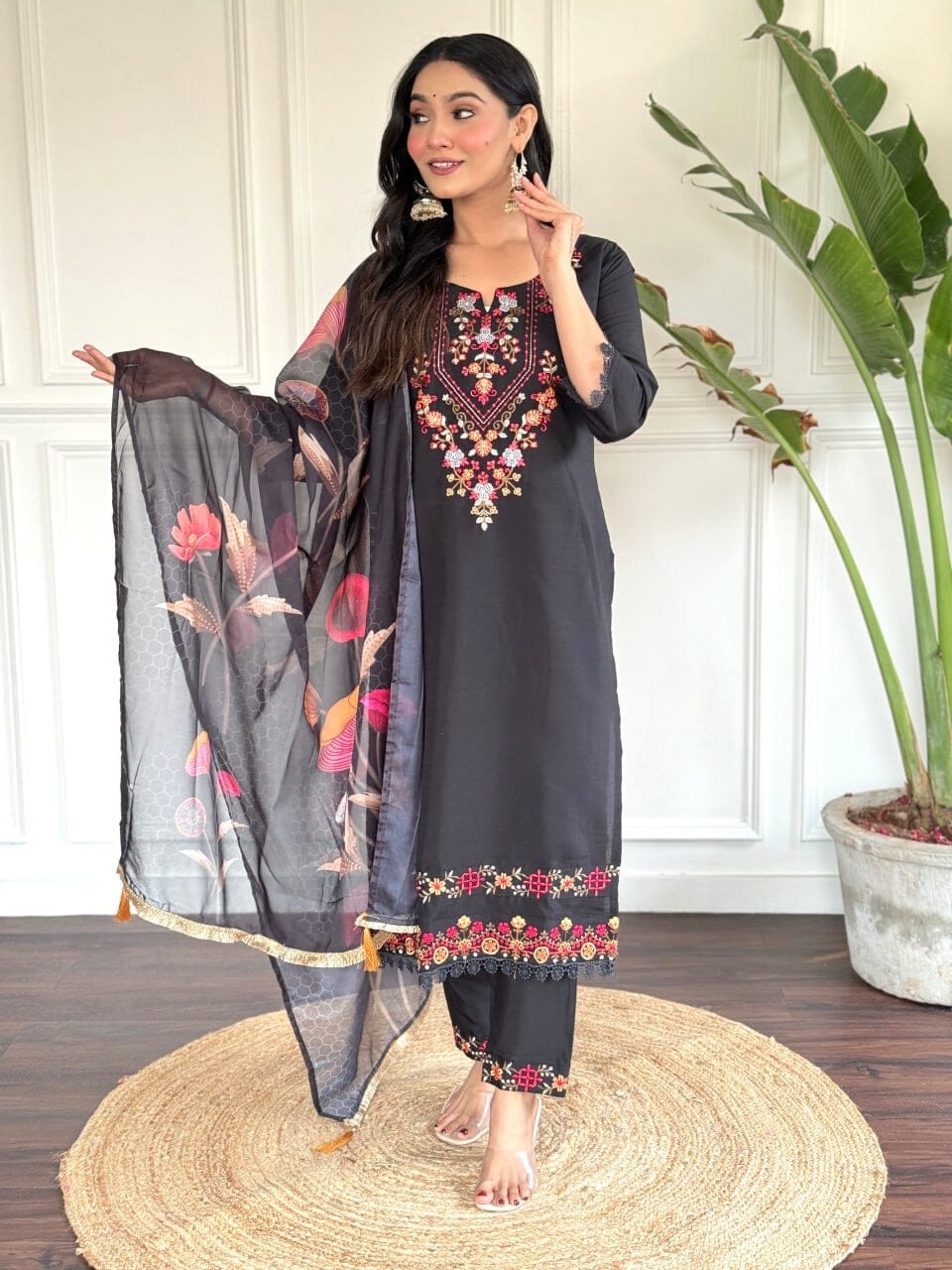 Black Embroidered Chanderi Top with Chanderi Dupatta and Pant set Kurti with Bottom and Dupatta Shopin Di Apparels 