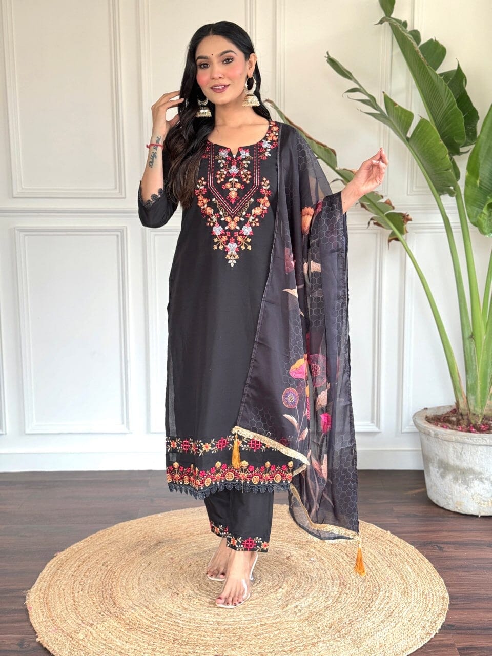 Black Embroidered Chanderi Top with Chanderi Dupatta and Pant set Kurti with Bottom and Dupatta Shopin Di Apparels 