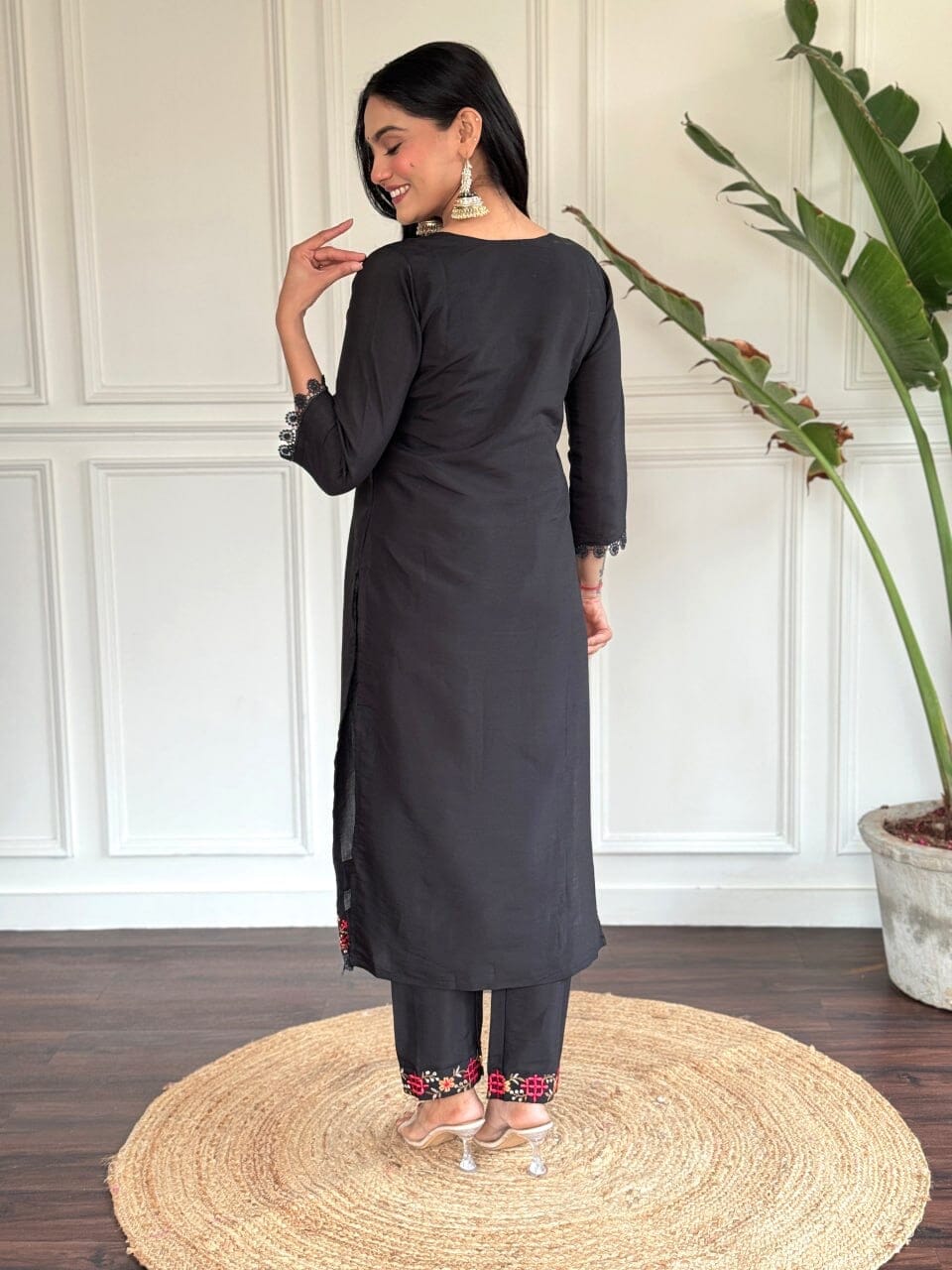 Black Embroidered Chanderi Top with Chanderi Dupatta and Pant set Kurti with Bottom and Dupatta Shopin Di Apparels 