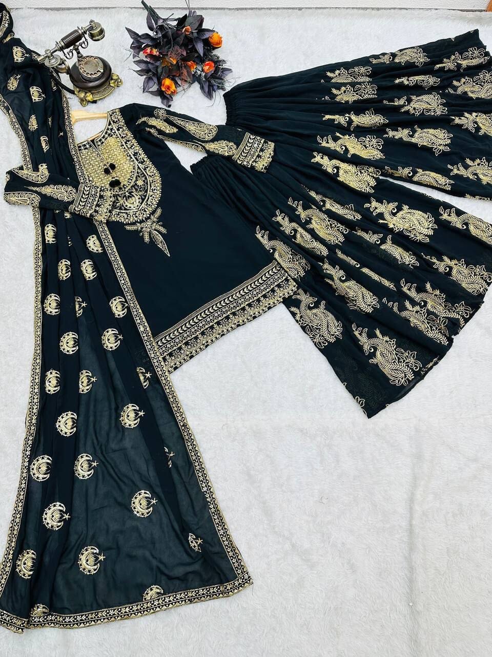 Black Fox Georgette Embroidered Sequence Work Sharara Suit Ready Made Designer Suits Shopin Di Apparels 
