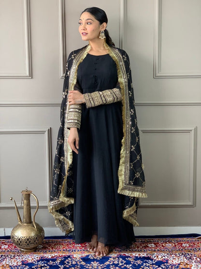 Black Georgette Gown with Embroidered Dupatta and Silk Pant Ready Made Designer Suits Shopin Di Apparels 