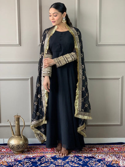 Black Georgette Gown with Embroidered Dupatta and Silk Pant Ready Made Designer Suits Shopin Di Apparels 