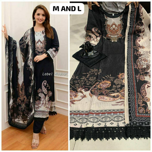 Black Lace Printed Work Kurti with Dupatta and Bottom Kurti with Bottom and Dupatta Shopin Di Apparels 