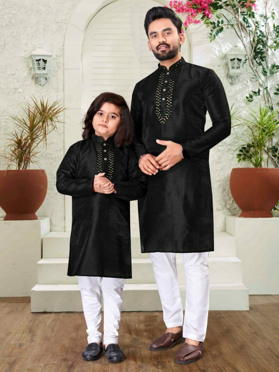 Black Men's & Kids Traditional wear Kurtas Pyjamas Combo Combo Shopin Di Apparels 