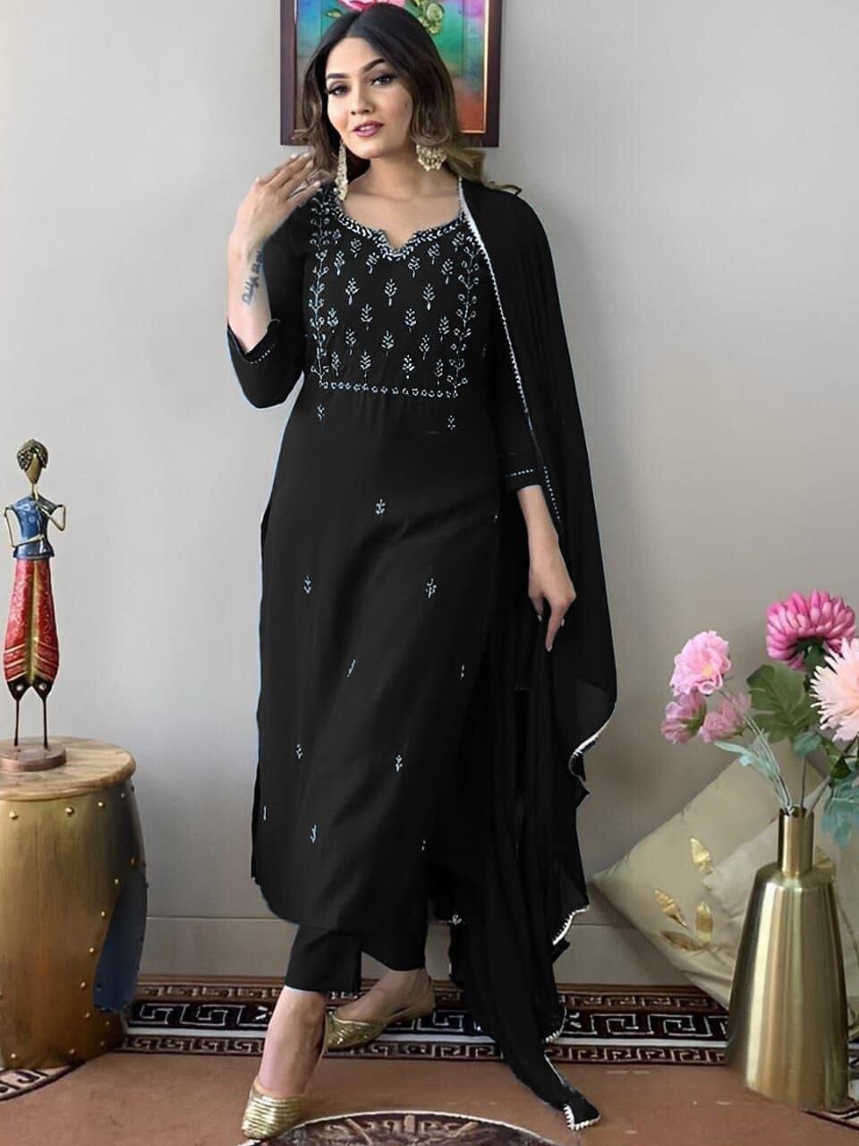 Black Rayon Slub Embroidered Kurti with Dupatta and Pant Kurti with Bottom and Dupatta Shopin Di Apparels 