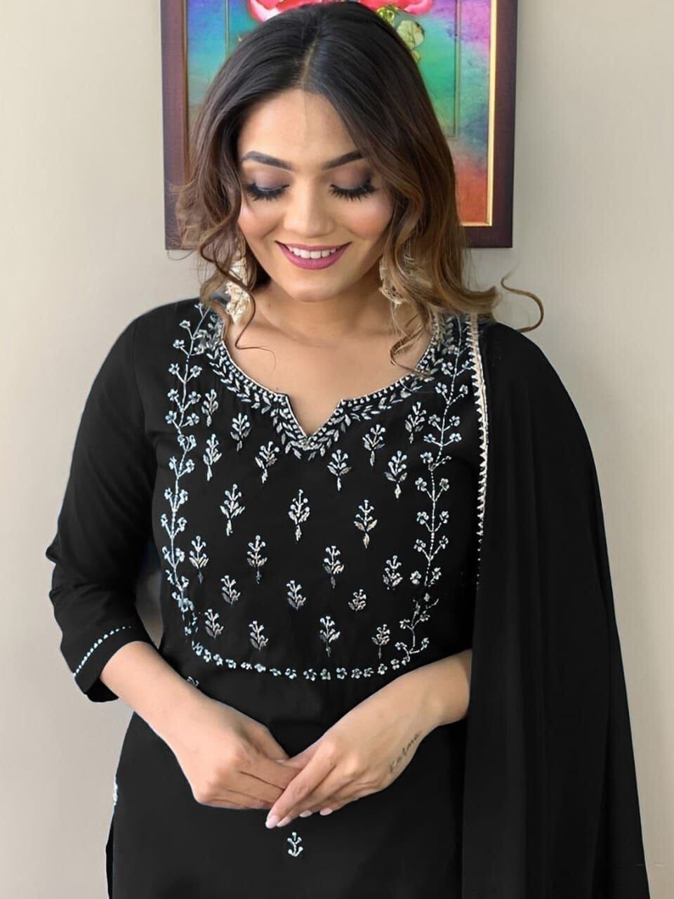 Black Rayon Slub Embroidered Kurti with Dupatta and Pant Kurti with Bottom and Dupatta Shopin Di Apparels 