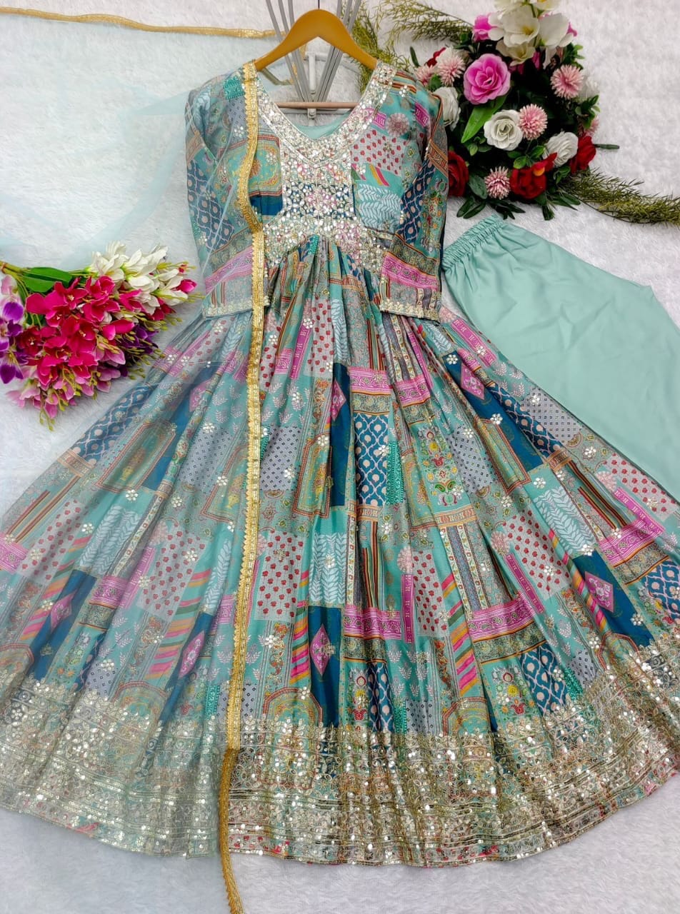 Blue Chinnon Silk Aliya Cut Designer Anarkali Suit Ready Made Designer Suits Shopin Di Apparels 