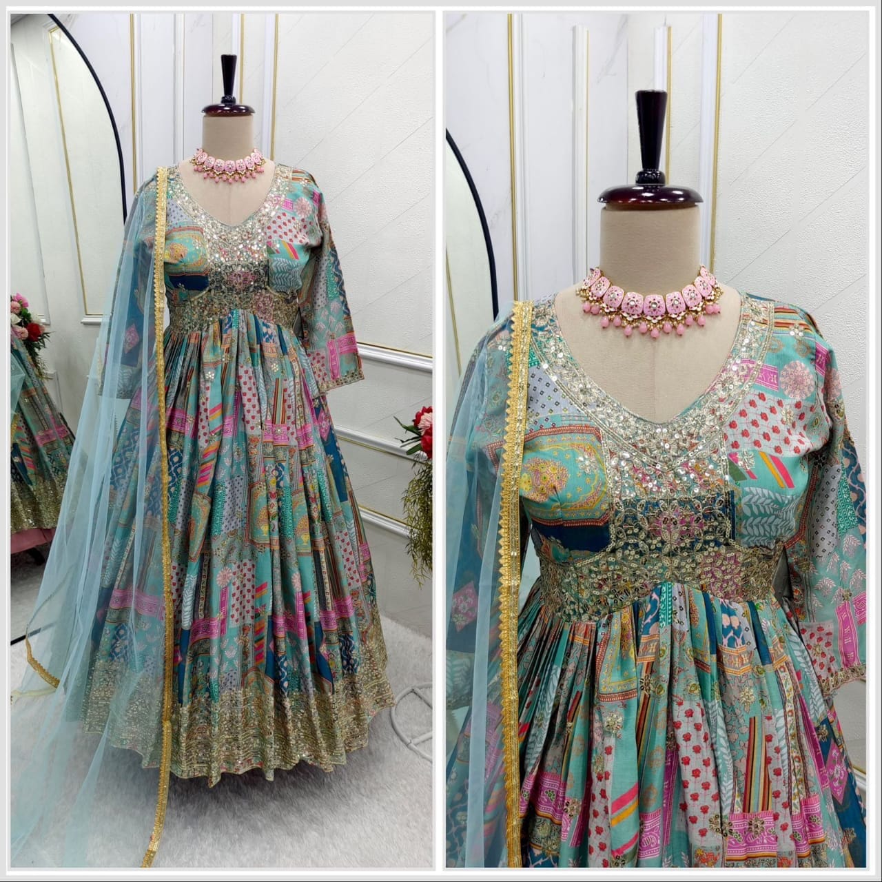 Blue Chinnon Silk Aliya Cut Designer Anarkali Suit Ready Made Designer Suits Shopin Di Apparels 