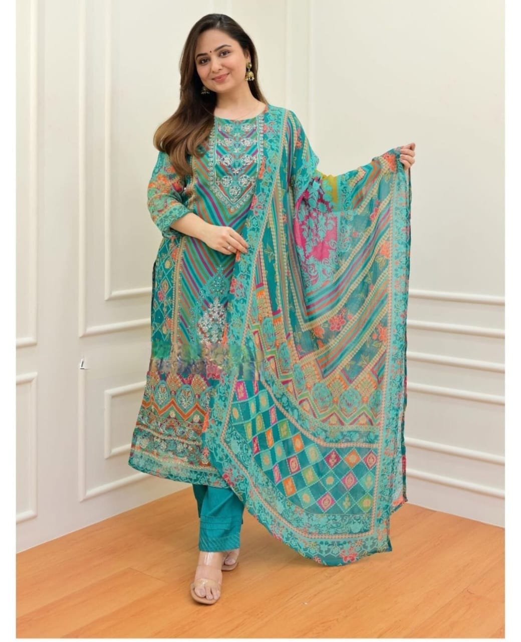 Blue Muslin Kurti with Pant and Dupatta Set Kurti with Bottom and Dupatta Shopin Di Apparels 