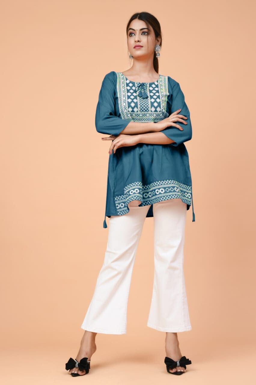 Blue Rayon Embroidered Kurti Short Top Kurti Shopin Di Apparels 