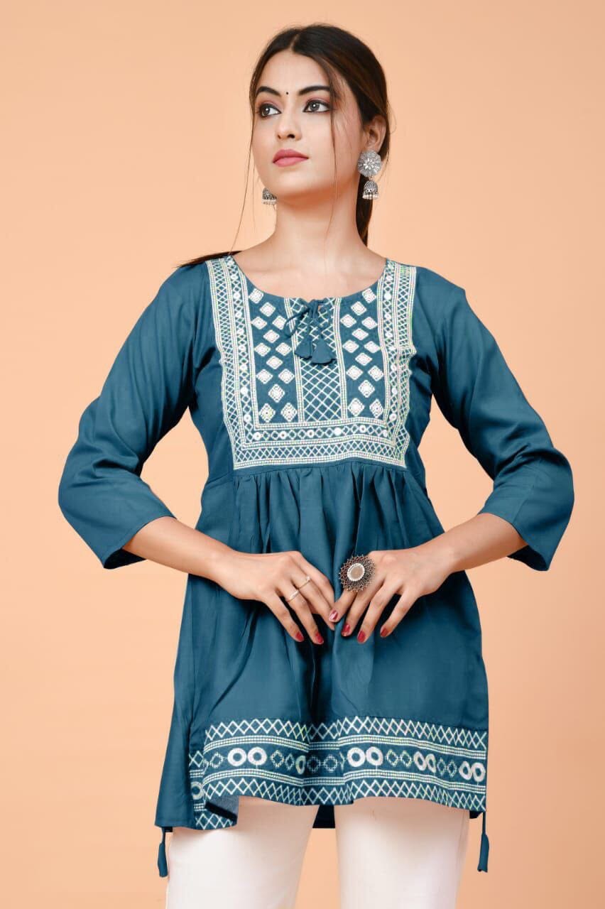 Blue Rayon Embroidered Kurti Short Top Kurti Shopin Di Apparels 