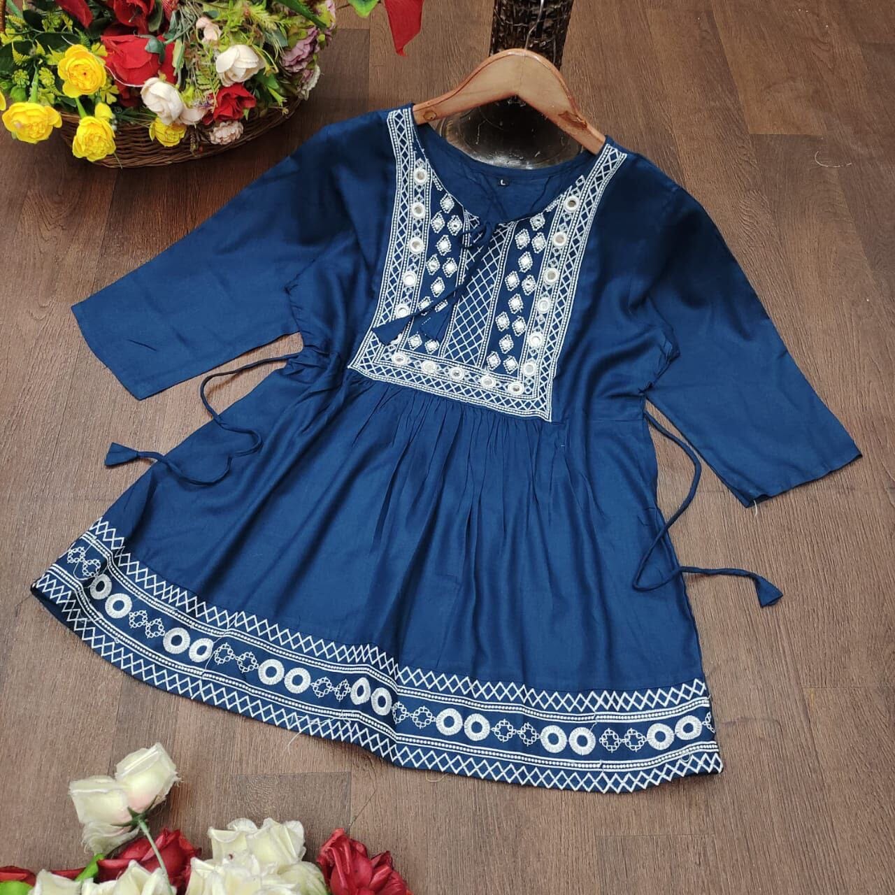 Blue Rayon Embroidered Kurti Short Top Kurti Shopin Di Apparels 