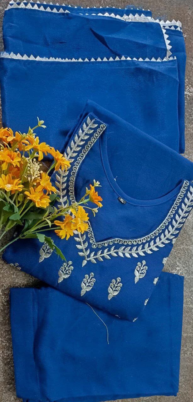 Blue Rayon Slub Embroidered Kurti with Dupatta and Pant Kurti with Bottom and Dupatta Shopin Di Apparels 