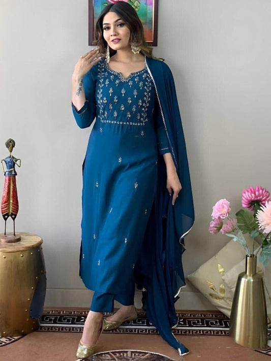 Blue Rayon Slub Embroidered Kurti with Dupatta and Pant Kurti with Bottom and Dupatta Shopin Di Apparels 