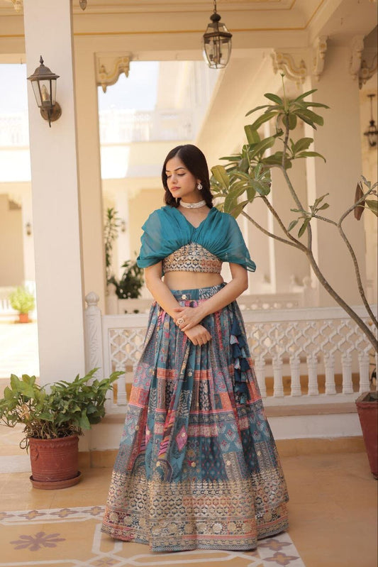 Blue Russian Silk Rich Digital Printed With Foil Embroidery Work Lehenga with Choli Ready to Wear Set Ready Made Designer Suits Shopin Di Apparels 