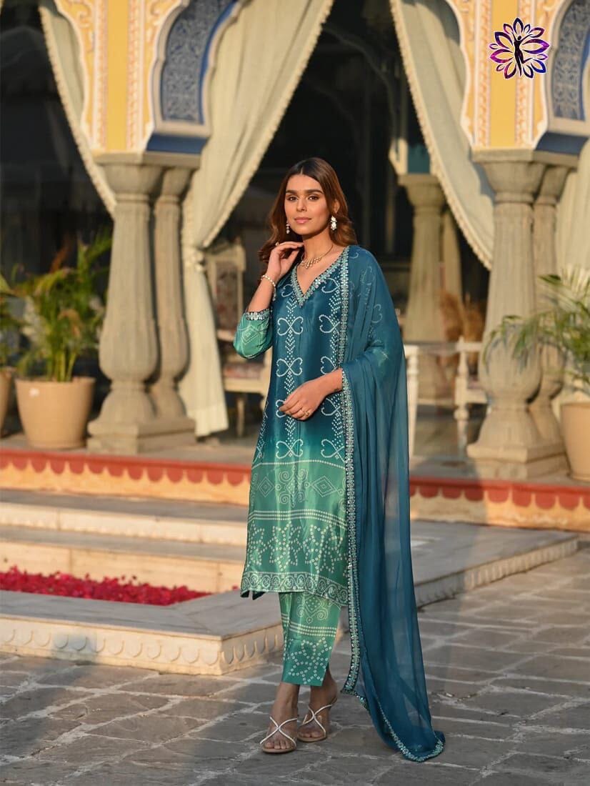 Blue Soft Chinon Silk Embroidered Designer Readymade Suit Ready Made Designer Suits Shopin Di Apparels 