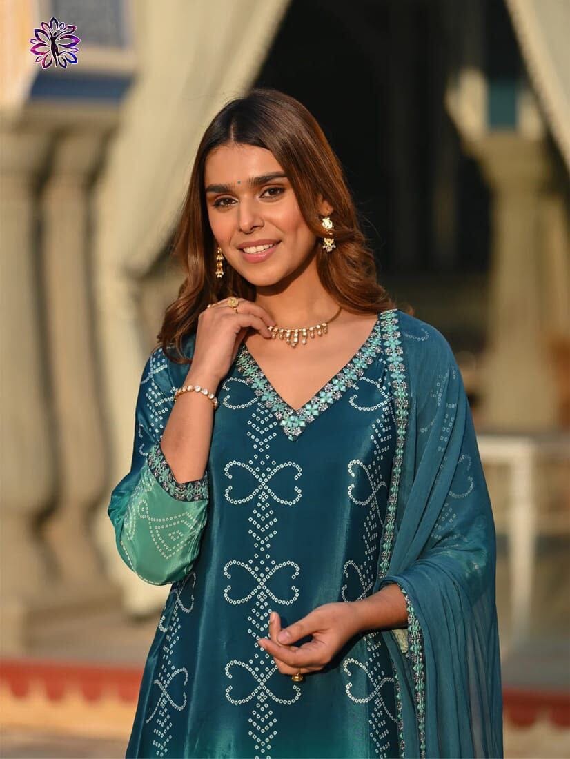 Blue Soft Chinon Silk Embroidered Designer Readymade Suit Ready Made Designer Suits Shopin Di Apparels 