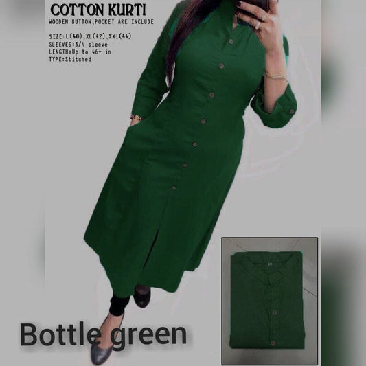Bottle Green Plain Collar Cotton Kurti with Button and Pockets Kurti Shopin Di Apparels 