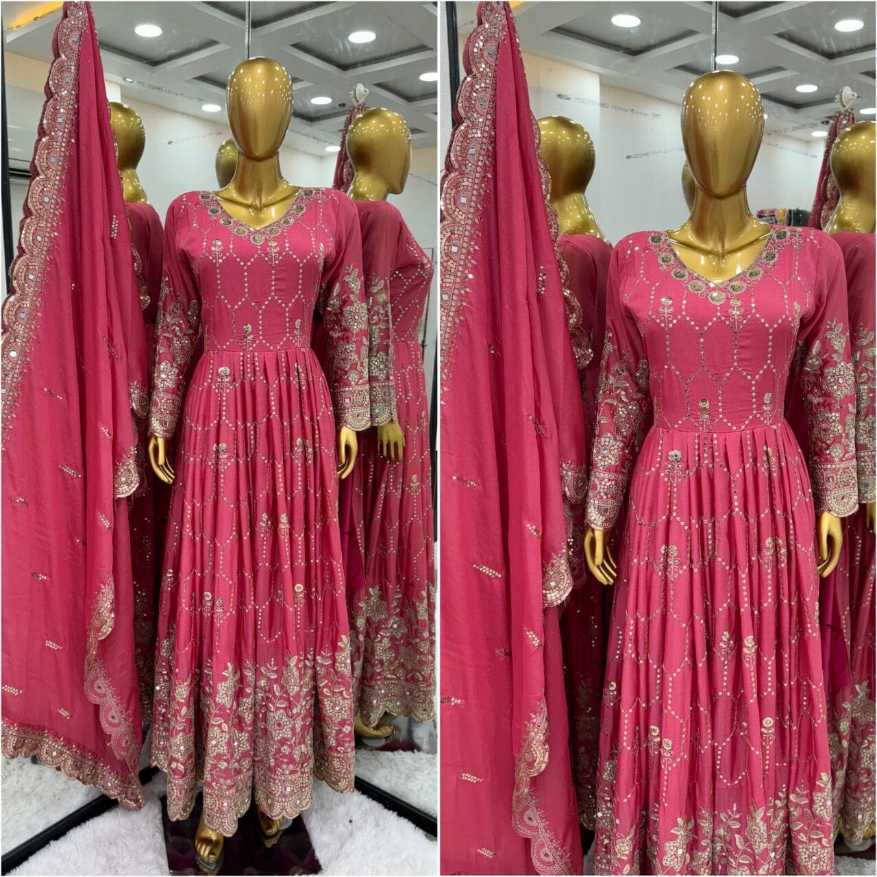 Coral Pink Heavy Embroidery Sequence Work Gown with Dupatta and Pant Suit Ready Made Designer Suits Shopin Di Apparels 