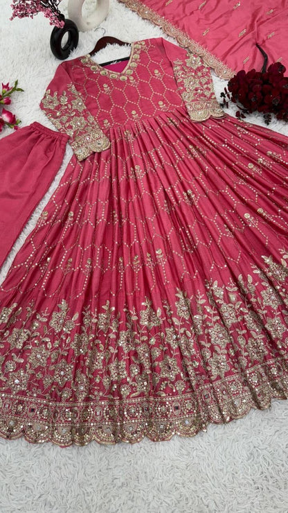 Coral Pink Heavy Embroidery Sequence Work Gown with Dupatta and Pant Suit Ready Made Designer Suits Shopin Di Apparels 