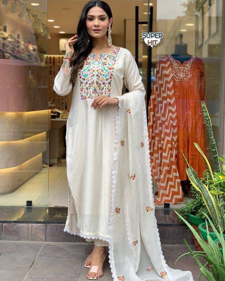 Cream Intricate Zari Weaved Embroidered Viscose Chanderi with Pant and Dupatta Set Shopin Di Apparels 