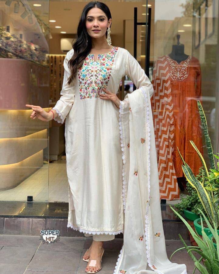 Cream Intricate Zari Weaved Embroidered Viscose Chanderi with Pant and Dupatta Set Shopin Di Apparels 