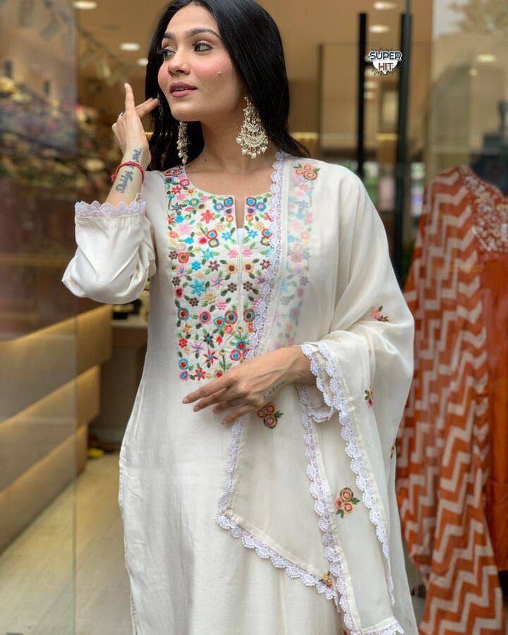 Cream Intricate Zari Weaved Embroidered Viscose Chanderi with Pant and Dupatta Set Shopin Di Apparels 