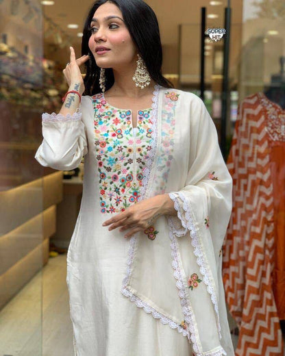 Cream Intricate Zari Weaved Embroidered Viscose Chanderi with Pant and Dupatta Set Shopin Di Apparels 