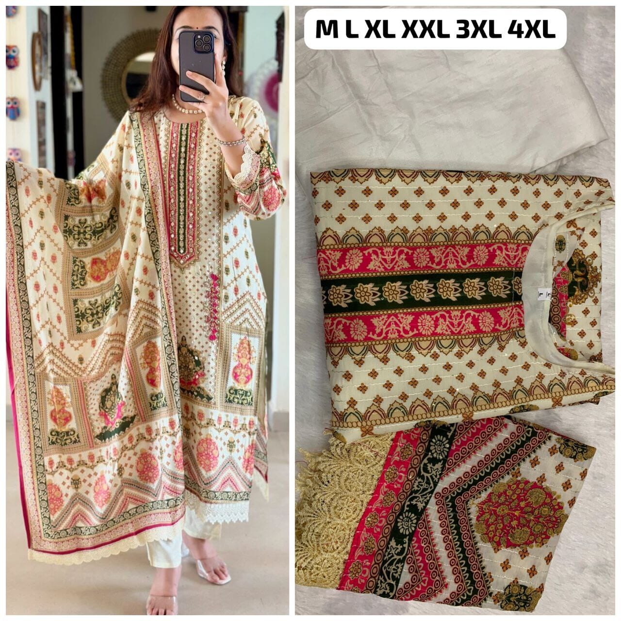 Cream Printed Work Kurti with Dupatta and Bottom Kurti with Bottom and Dupatta Shopin Di Apparels 