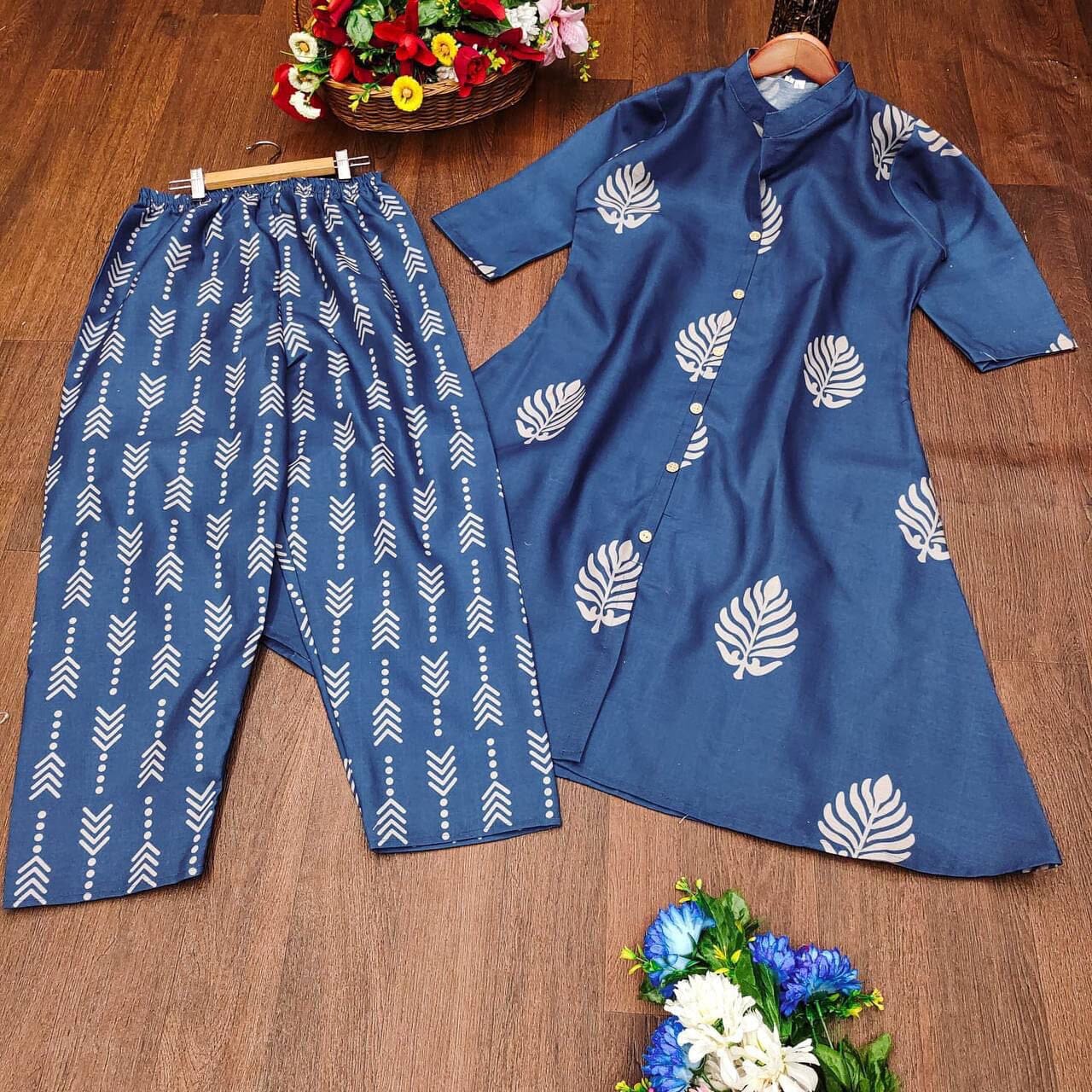 Dark Blue Cotton Printed Kurti and Pant set Kurti with Pant Shopin Di Apparels 