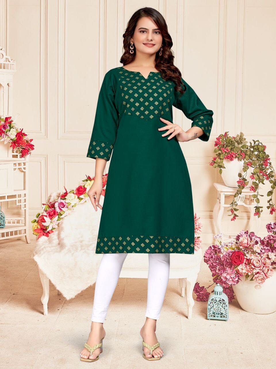 Dark Green Cotton Kurti with Foil Print Kurti Shopin Di Apparels 