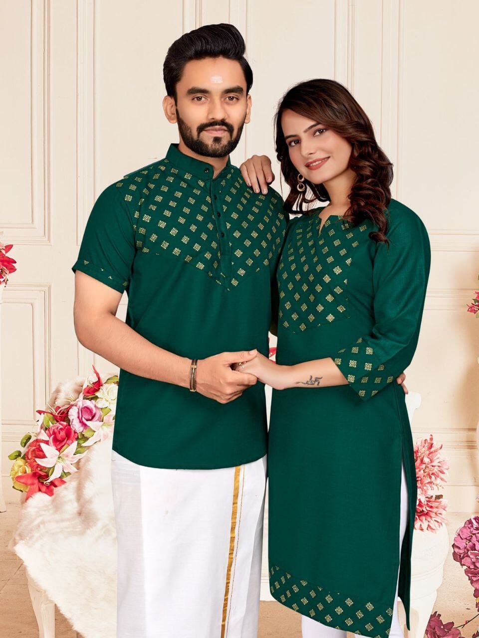 Dark Green Foil Print Cotton Kurti & Kurta Couple Combo Combo Shopin Di Apparels 