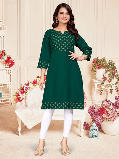 Dark Green Foil Print Cotton Kurti & Kurta Couple Combo Combo Shopin Di Apparels 