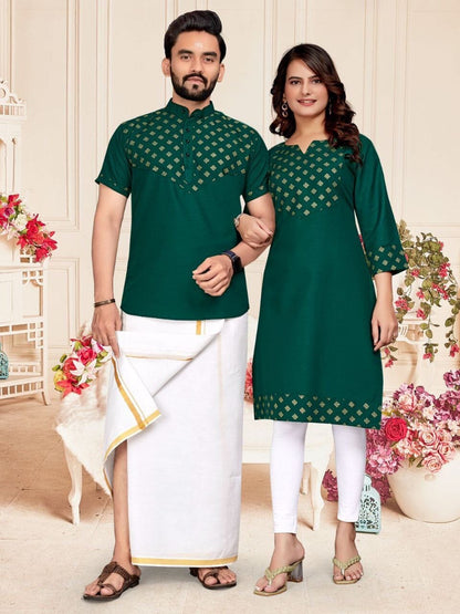 Dark Green Foil Print Cotton Kurti & Kurta Couple Combo Combo Shopin Di Apparels 