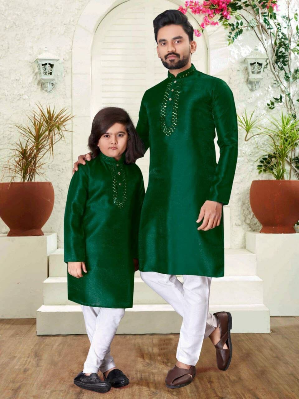 Dark Green Men's & Kids Traditional wear Kurtas Pyjamas Combo Combo Shopin Di Apparels 