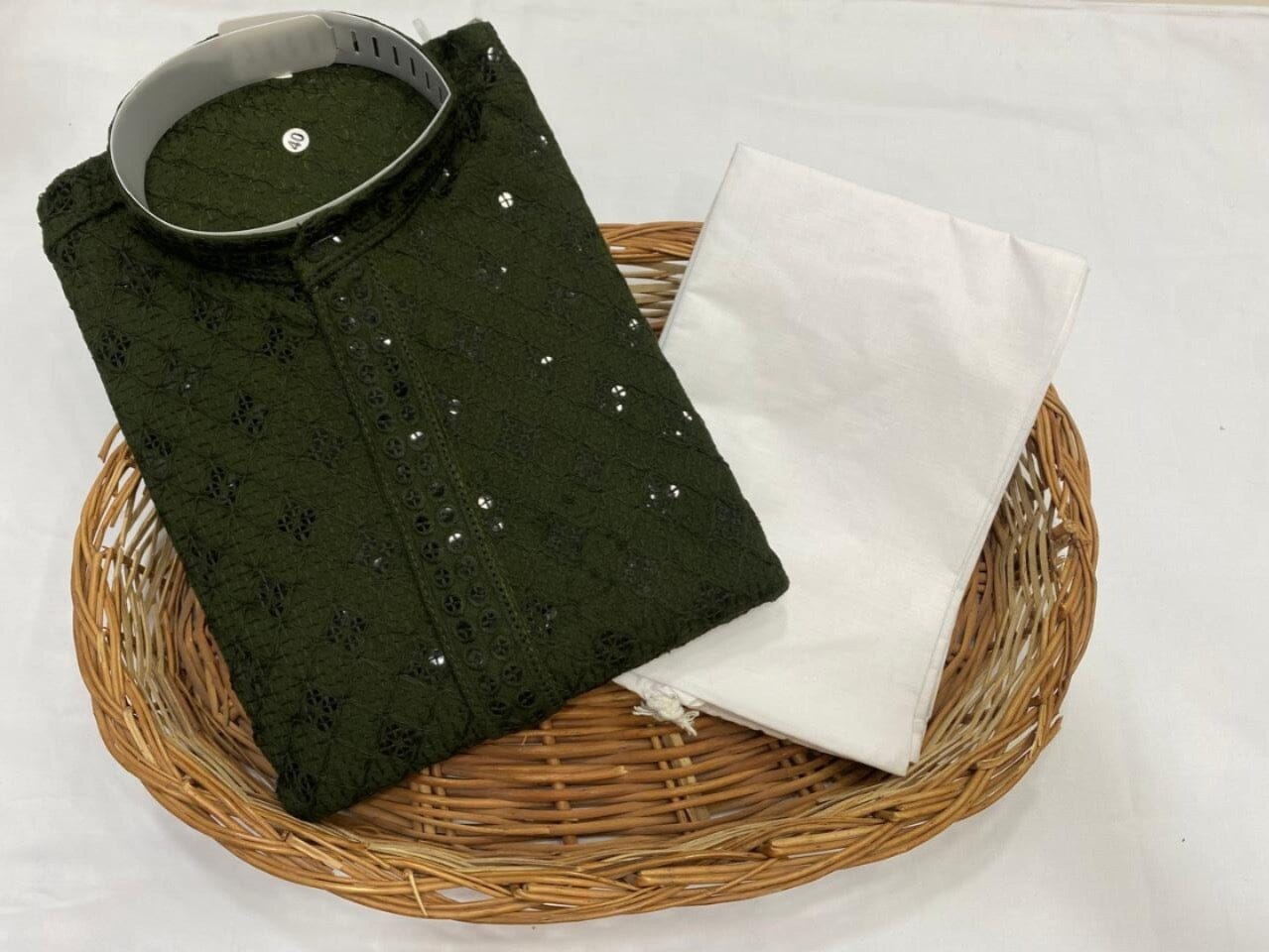 Dark Green Men’s Rayon Chikankari work Kurta with Pajama Set Men’s Shirt Shopin Di Apparels 