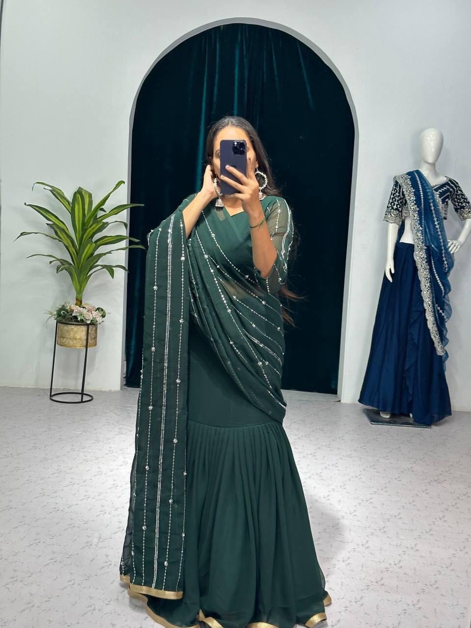 Dark Green Ready to Wear Lehenga Saree Ready to Wear Saree Shopin Di Apparels 