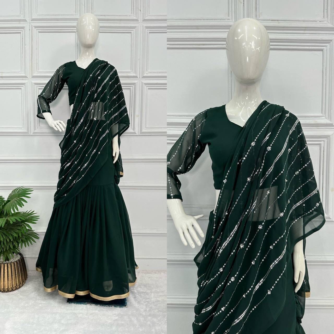 Dark Green Ready to Wear Lehenga Saree Ready to Wear Saree Shopin Di Apparels 