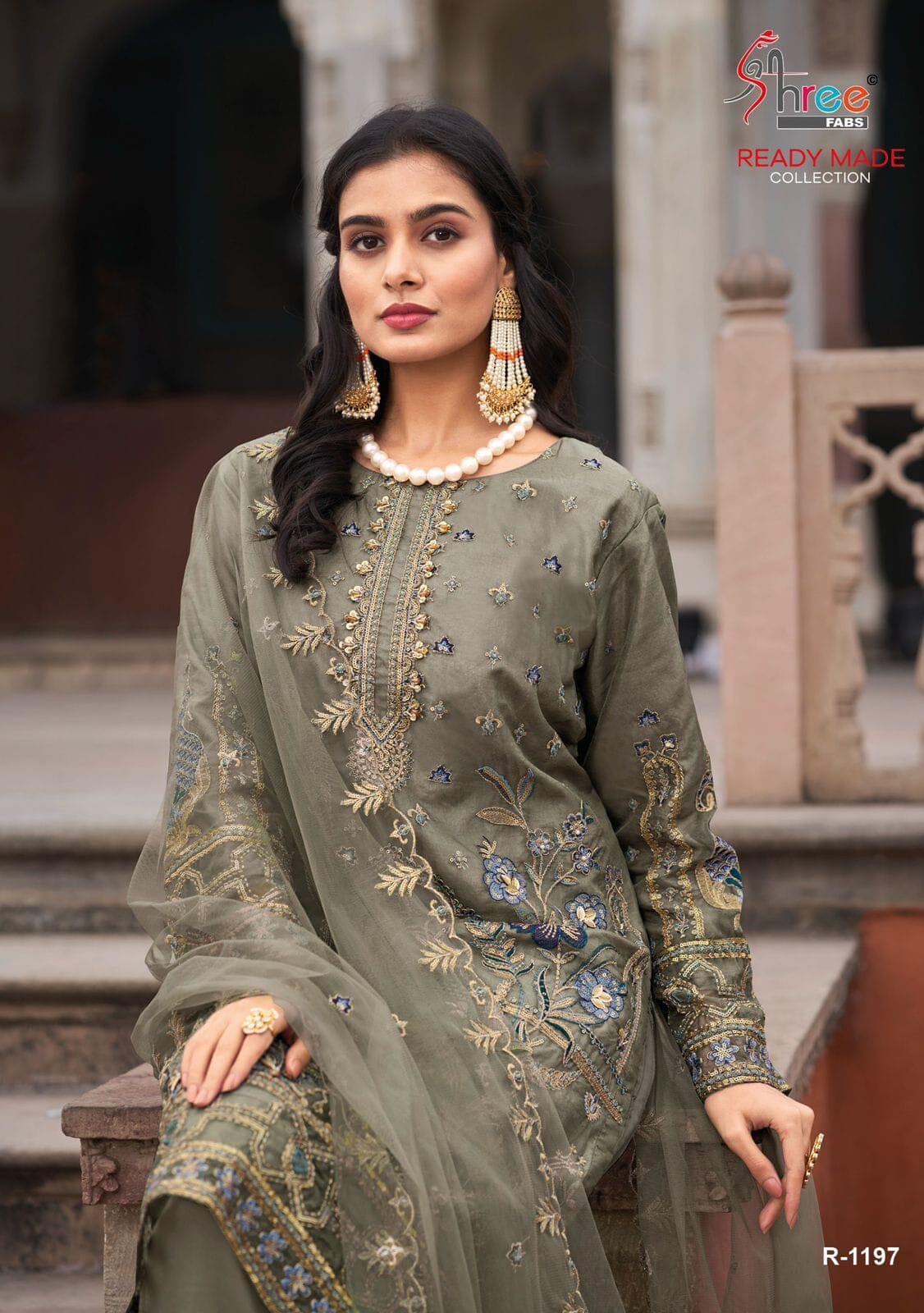 Dark Mehendi Green Organza Khatli work embroidered Straight Cut Suit Ready Made Designer Suits Shopin Di Apparels 