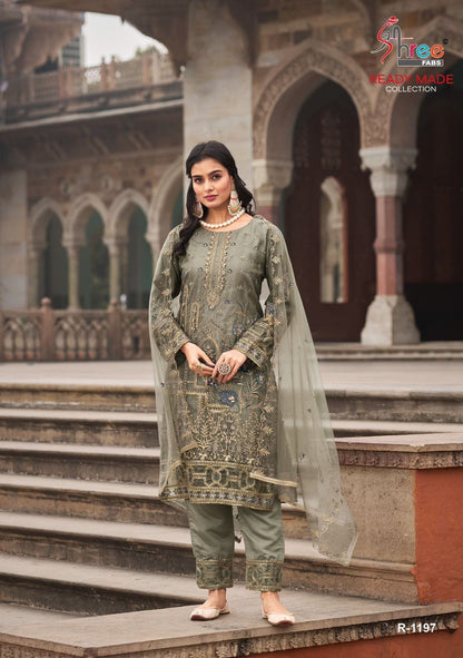 Dark Mehendi Green Organza Khatli work embroidered Straight Cut Suit Ready Made Designer Suits Shopin Di Apparels 