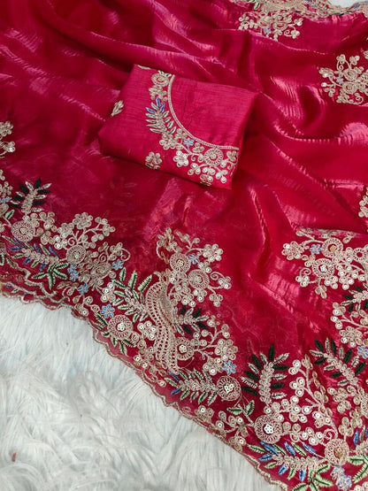 Dark Pink Pure Jimmy Choo Silk with Coding Sequence Embroidered work Designer Saree Designer saree Shopin Di Apparels 