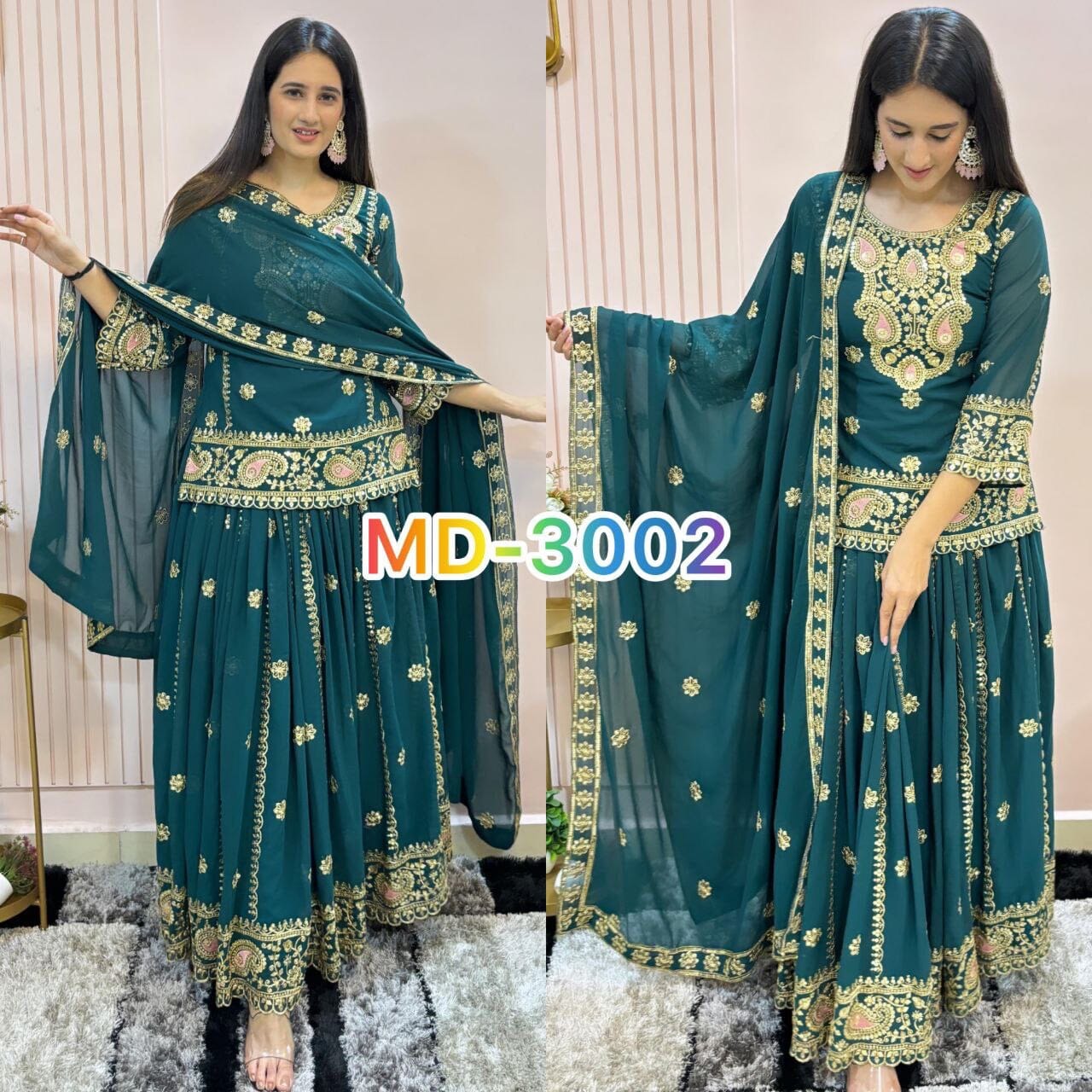 Dark Teal Blue Faux Georgette Heavy Embroidered Lehenga Suit Ready Made Designer Suits Shopin Di Apparels 