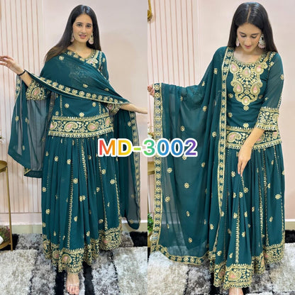 Dark Teal Blue Faux Georgette Heavy Embroidered Lehenga Suit Ready Made Designer Suits Shopin Di Apparels 