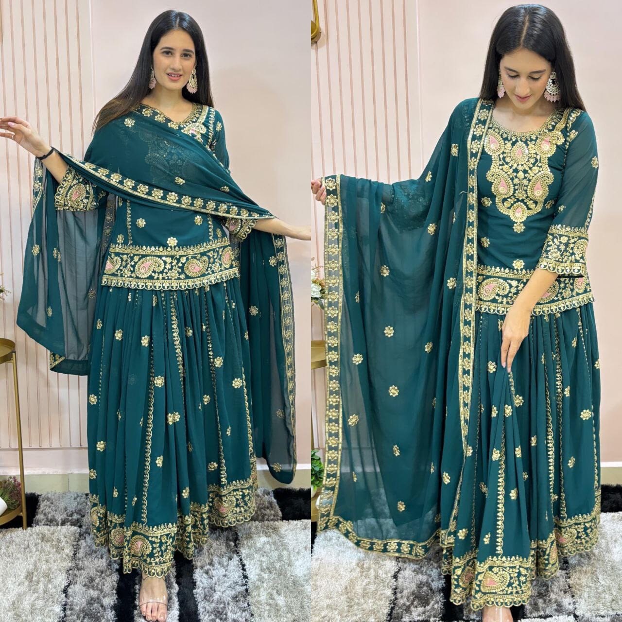 Dark Teal Blue Faux Georgette Heavy Embroidered Lehenga Suit Ready Made Designer Suits Shopin Di Apparels 